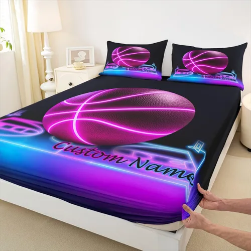 Vista 3 de Erosebridal Juego de sábanas de baloncesto rosa para niños y niñas, juego de sábanas de tamaño individual con temática deportiva, juego de sábanas