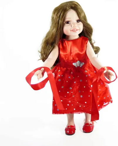 Vista 7 de Ropa y accesorios para muñecas de 18 pulgadas, hermoso vestido rojo con lunares para muñecas de 18 pulgadas