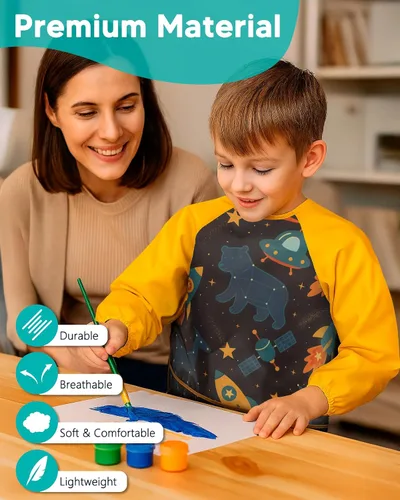 Vista 6 de Oiomniv Delantal de Arte para Niños – Delantal de Pintura de Manga Larga Impermeable con 3 Bolsillos, Delantal Lavable para Niños Pequeños y Niños
