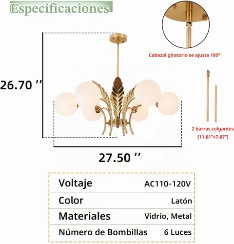 Vista 9 de Lámpara colgante de cristal moderna de mediados de siglo con 6 luces