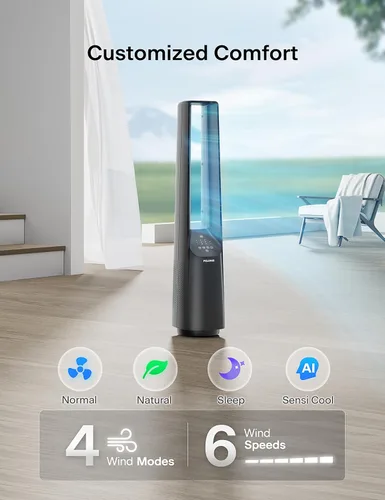 Vista 3 de PELONIS - Ventilador inteligente sin aspas de 40 pulgadas para dormitorio - Ventilador de torre, compatible con Alexa/Google/WiFi, motor DC, 6