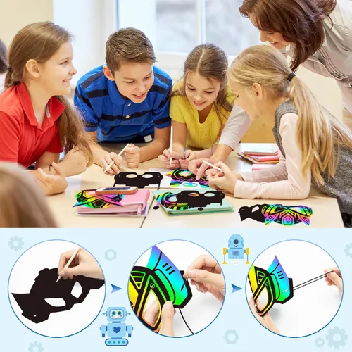 Vista 3 de BeYumi Robot DIY Máscara Artesanía – Juego de 30 Robots Máscara Rasca Juego de Regalo para Niños Niños Magia Rascar Papel Artesanía Kit de Artesanía