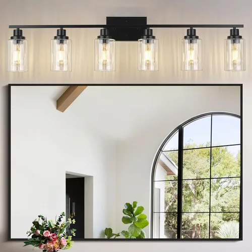 Vista 20 de Jonsi Accesorios de iluminación de baño dorados, 2 luces de tocador de oro cepillado con pantalla de vidrio estriada, luces modernas sobre espejo