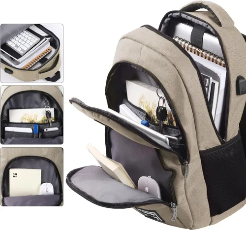 Vista 4 de YAMTION Mochila escolar, mochila para laptop con compartimento de 15.6 pulgadas para hombres y mujeres, color beige
