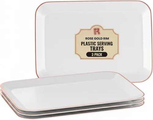 Vista 7 de Paquete de 3 bandejas de plástico negro para servir – Bandeja negra de 8 x 11 pulgadas – Bandejas de postre resistentes para alimentos – Bandejas