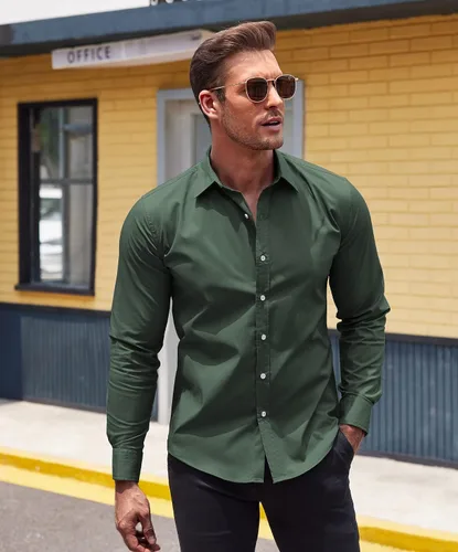 Vista 2 de COOFANDY Camisas de vestir de ajuste muscular para hombre, sin arrugas, manga larga, casual, con botones