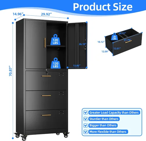 Vista 2 de METAN - Archivador de metal con 3 cajones y 1 estante, archivador de oficina con ruedas y cerradura, almacenamiento de oficina para tamaño Negro