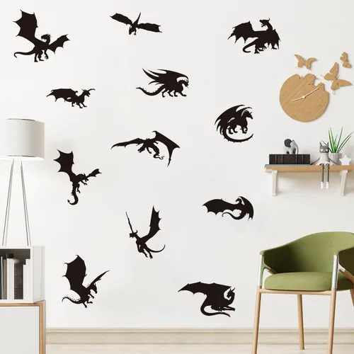 Vista 8 de Calcomanías de pared de dragón grande, calcomanías de pared de dinosaurios 3D de dibujos animados, calcomanías de pared de dinosaurios de dragón