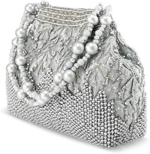 Vista 4 de Aheli Potli - Bolsas de noche para mujer, bolso de mano étnico para novia con cordón (P66S), plateado