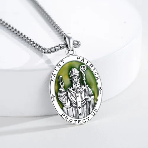 Vista 2 de XIXLES Saint Patrick Necklace for Men 925 Sterling Silver St Patrick Necklace Catholic St Patrick Medal Medallion Pendant Necklaces Amulet