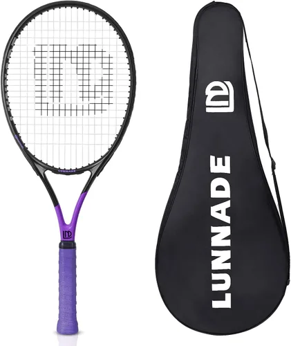 Vista 13 de Raqueta de tenis para adultos de 27 pulgadas, raqueta de tenis de fibra de carbono a prueba de golpes, ligera, pre-cordada y con empuñadura