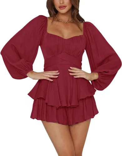 Vista 21 de LYANER Mono de Mujer de Manga Farol Larga con Volantes en Capas y Lazo Mini Corto Romper