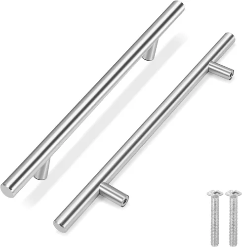 Vista 9 de Flexzion Paquete de 10 pomos para gabinetes de cocina, tiradores de barra en T, tiradores de cajón de 2 pulgadas de un solo agujero, acero