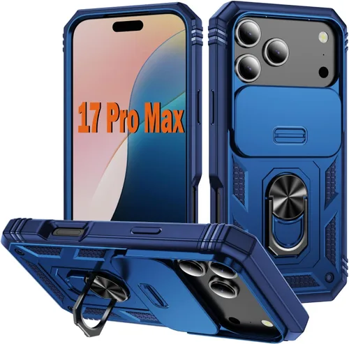 Vista 32 de PASNEW Funda militar para iPhone 13 Pro Max, cubierta de cámara deslizante y soporte de anillo de metal de 360°, carcasa rígida multicapa resistente
