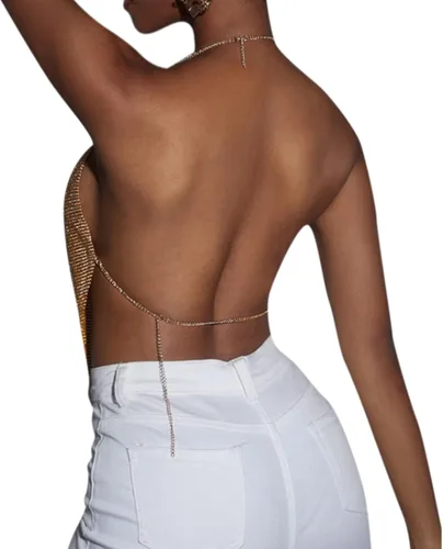 Vista 4 de RARITYUS Camiseta sin mangas sexy con diamantes de imitación brillantes para mujer, cuello en V profundo, con cadena, para club nocturno, fiesta
