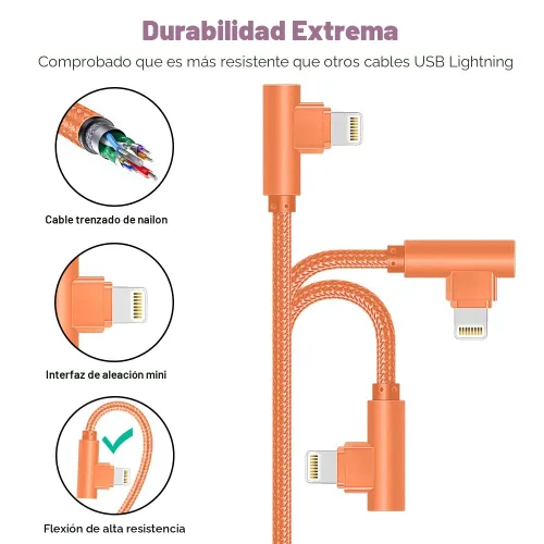 Vista 5 de Cargador de iPhone de 90 grados, cable Lightning USB certificado MFi (paquete de 3 unidades de 6 pies) Cargador de nailon trenzado para iPhone