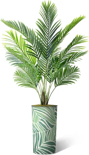 Vista 2 de Árbol artificial en macetero con diseño de hojas verdes, palmera tropical areca artificial de seda para decoración del hogar en interiores
