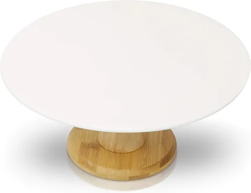 Vista 2 de Soporte de cerámica blanca para tartas con base de bambú, soporte para pasteles y postres para bodas y cumpleaños, decoración de cocina y hogar