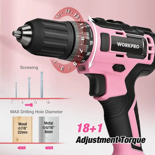 Vista 7 de WORKPRO Taladro Atornillador Inalámbrico Rosa de 20V y Juego de Herramientas para el Hogar, Kit de Herramientas Manuales de 141 Piezas