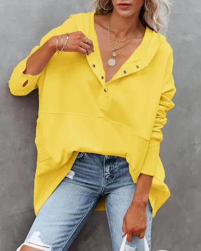 Vista 7 de Zwurew Sudadera casual con capucha Henley con cuello en V y bolsillo para mujer