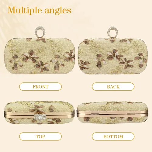 Vista 4 de Bolso de mano dorado para mujer bolso de noche pequeño con asa superior bordado floral bolsa cruzada para boda cóctel fiesta baile de graduación