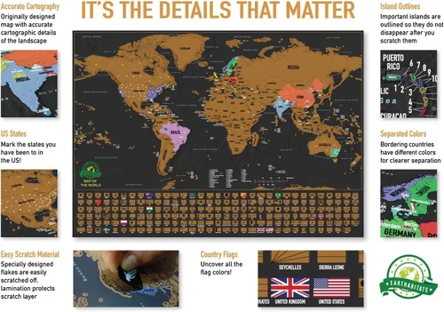 Vista 7 de Póster de mapa del mundo para raspar con los estados de Estados Unidos y las banderas de los países, haz un seguimiento de tus aventuras Incluye