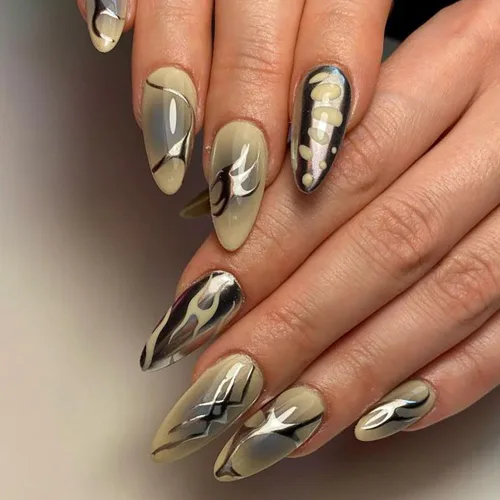 Vista 7 de 8 hojas de calcomanías de arte de uñas con llama irregular, plateado metálico, negro, blanco, oro, calcomanías autoadhesivas Y2k para diseño de uñas