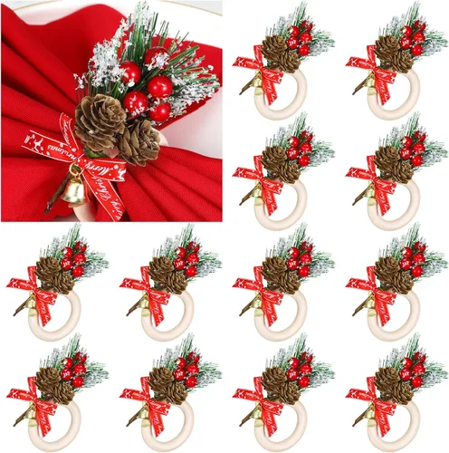 Vista 10 de Geiserailie - 12 servilleteros de Navidad, conos de pino, flor de pascua, calabaza, servilleteros de madera, decoración para Navidad, Acción