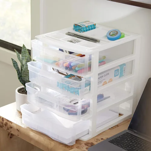 Vista 9 de Gracious Living Organizador de Cajones, Cajones de Almacenamiento de Escritorio de Plástico de 4 Niveles, Marco Blanco - Contenedores de Escritorio