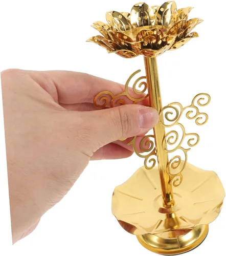 Vista 3 de Garneck 2 portavelas Diwali, portavelas budista Ghee, candelabro de aleación con base de loto, lámpara de flor de loto para oración/meditación (M)