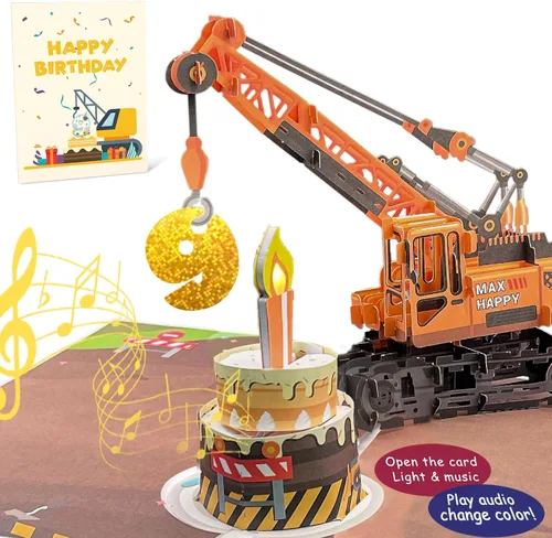 Vista 16 de Tarjeta de Felicitación 3D Desplegable de 1er Cumpleaños con Luz y Música, Tarjeta de Grúa y Camión Para Niño, Sobrino, Nieto, Hijo, Pequeño