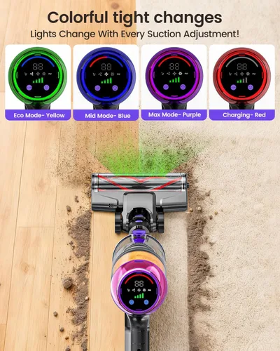 Vista 8 de Aspiradora inalámbrica, 500W 40KPa 60 minutos, aspiradoras para el hogar, potente aspiradora de palo con luz verde, aspiradora inalámbrica Morado