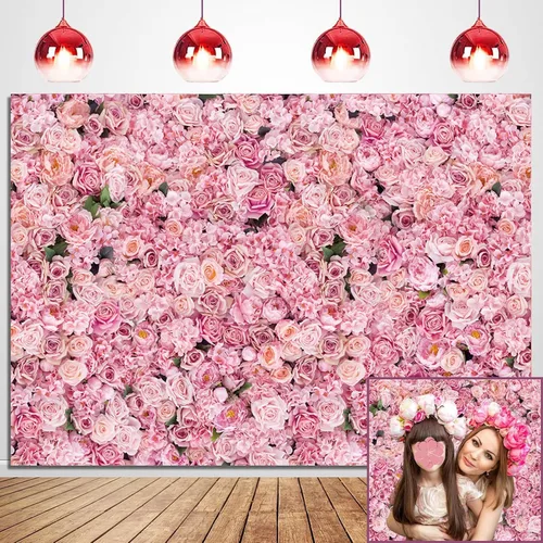 Vista 3 de Fondo de fotos de pared con rosas rosadas, decoración de fiesta de cumpleaños para niñas, telón de fondo de fotografía para el día de San Valentín