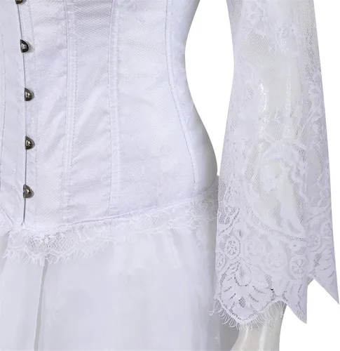 Vista 2 de Vestido gótico retro de 2 piezas para mujer, vestido de encaje de manga larga, corsé floral, falda alta y baja, vestido sexy de baile