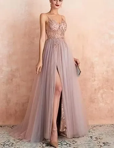 Vista 2 de Elegante vestido de encaje largo con cuello en V adecuado para todas las ocasiones, fiesta de graduación, cóctel, fiesta, vestido de noche formal