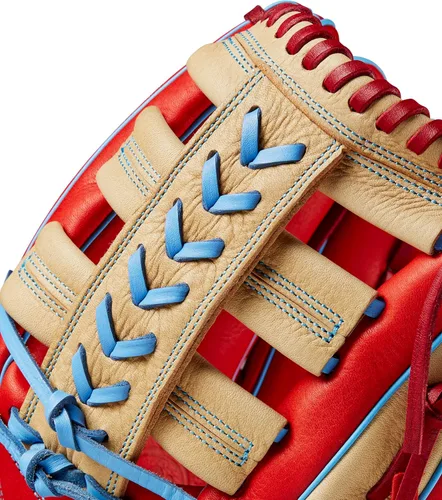 Vista 6 de Wilson 2024 A1000 - Guantes de béisbol de fuera del área, 12.25" y 12.5" Rojo/Rubio/Azul