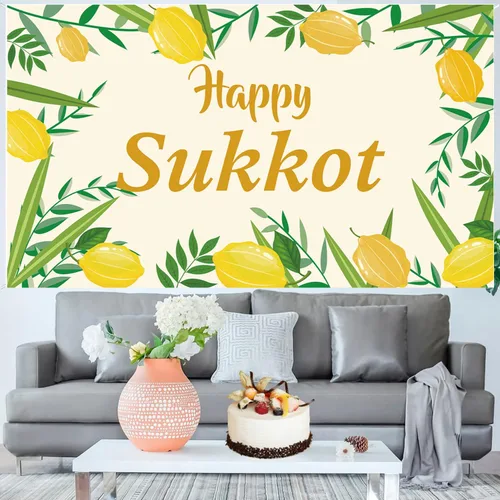 Vista 7 de Cartel de fondo de Happy Sukkot con 70.8 x 43.3 pulgadas, pancarta de fondo de Happy Sukkah, fondo de fotografía judía Etrog Lulav para cabina