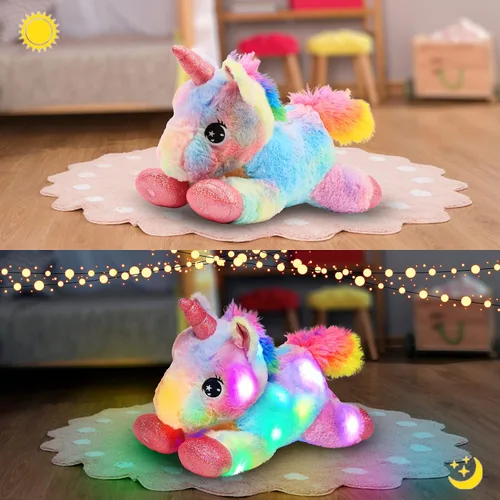 Vista 9 de Easfan Animal de peluche con luces LED de unicornio con luces nocturnas coloridas que brillan en la oscuridad, festival de cumpleaños para niños