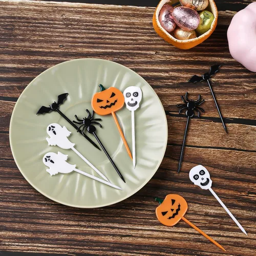 Vista 3 de 100 palillos de dientes de plástico para Halloween, decoración de cupcakes, decoración de tartas, para aperitivos de frutas, suministros de fiesta