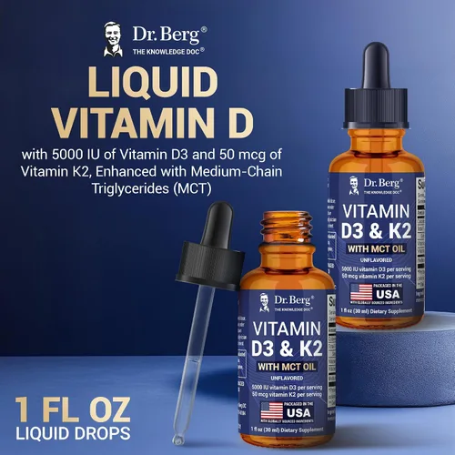 Vista 3 de Dr. Berg - Gotas líquidas de vitamina D3 K2 de máxima potencia con aceite MCT – 5,000 UI de vitamina D3 líquida con K2 – Apoya huesos fuertes