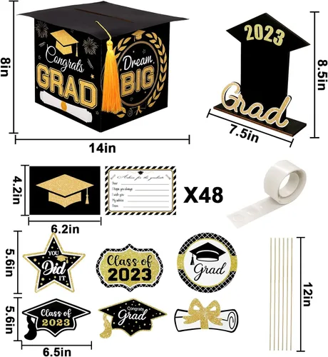 Vista 2 de Decoraciones para fiestas de graduación 2023, juego de 60 piezas: telón de fondo grande para foto, caja de tarjetas de graduación, palos de centro