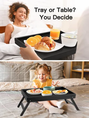 Vista 4 de Pipishell - Bandeja de bambú para cama con patas plegables, bandeja de desayuno para sofá, cama, comer, trabajar, se utiliza como bandeja de Negro
