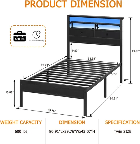 Vista 2 de Furnulem - Base de cama individual con estación de carga y luces LED, roble negro