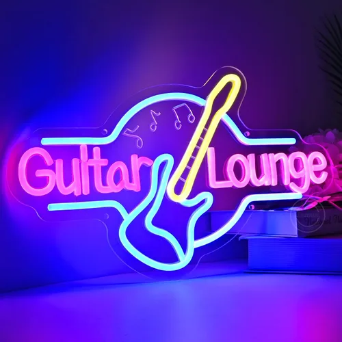 Vista 2 de Britrio Letrero de neón de guitarra, decoración de pared, sala de música en vivo, sala de bandas, sala de estar, oficina, dormitorio, hombre, cueva