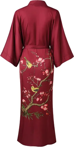 Vista 2 de Ledamon Bata larga tipo kimono para mujer - Albornoz floral con bolsillo