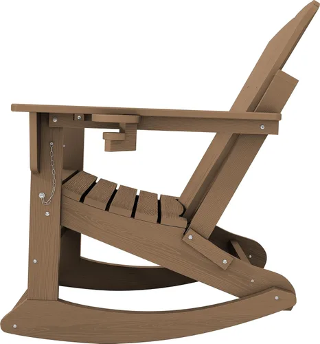 Vista 8 de KINGYES Silla mecedora Adirondack con otomano retráctil y portavasos, silla reclinable de patio Adirondack de HDPE para porche, patio, balcón, Teca