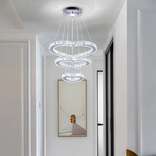 Vista 7 de Lámpara de araña moderna de cristal de corazón de 3 anillos con iluminación LED colgante de acero inoxidable para sala de estar, comedor y blanco