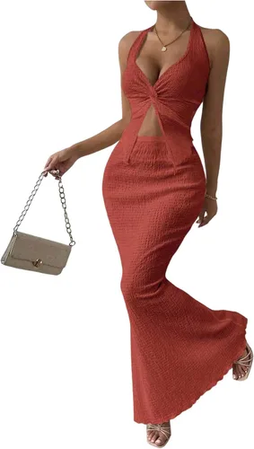 Vista 27 de SOLY HUX - Conjunto de dos piezas de verano para mujer, con parte superior tipo camisola con cuello halter, nudo frontal y falda marrón (Plain Brown)