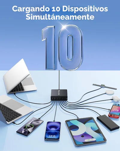 Vista 5 de Estación de carga USB C de 1000W, bloque de cargador USB C súper rápido de 120W PD GaN5 Type C for PC Laptop MacBook Pro/Air 10 Port Charger