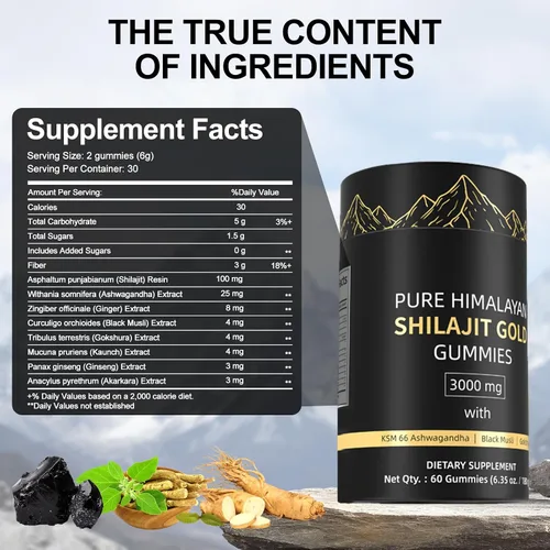 Vista 7 de Gomitas Shilajit, gomitas Shilajit naturales del Himalaya, sin azúcar añadida con Ashwagandha, Gokshura, ácido fúlvico y más de 85 minerales traza